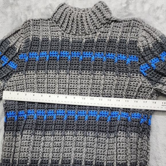 Vintage Hand Made Striped Mock Neck Pullover Sweater Size M Gray Blue Stretch - Picture 3 of 5